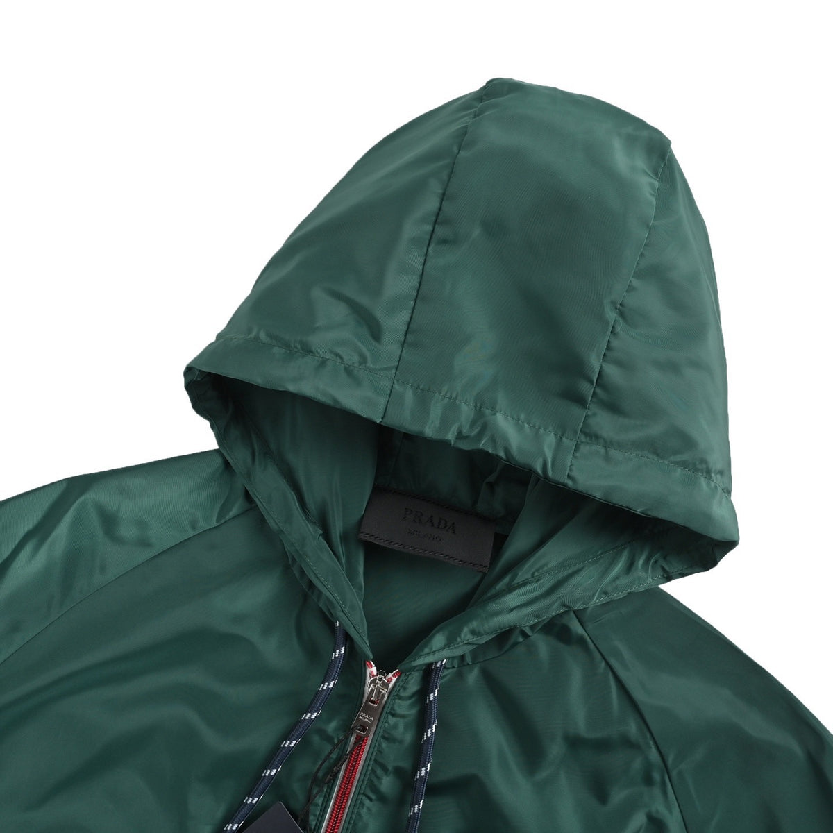 Prada 25FW Triangle Logo Contrast-Zip Recycled Nylon Hooded Jacket — Forest Green