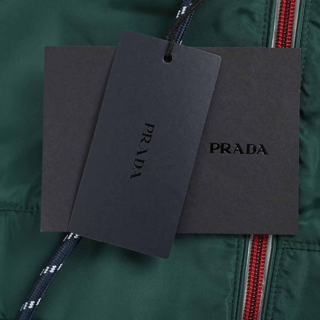 Prada 25FW Triangle Logo Contrast-Zip Recycled Nylon Hooded Jacket — Forest Green