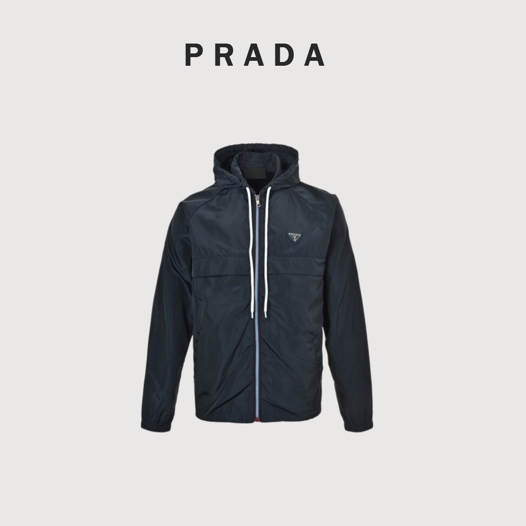 Prada 25FW Triangle Logo Contrast-Zip Recycled Nylon Hooded Jacket — Forest Green