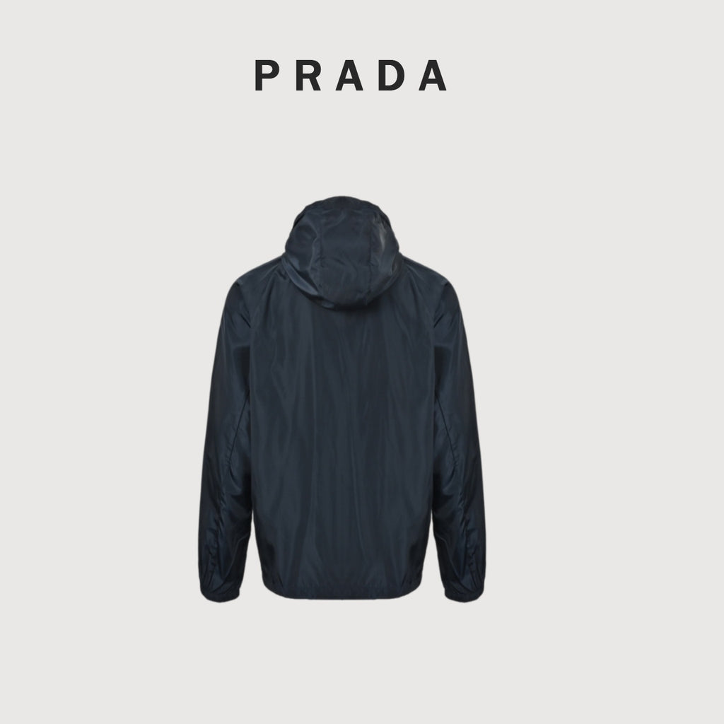 Prada 25FW Triangle Logo Contrast-Zip Recycled Nylon Hooded Jacket — Forest Green