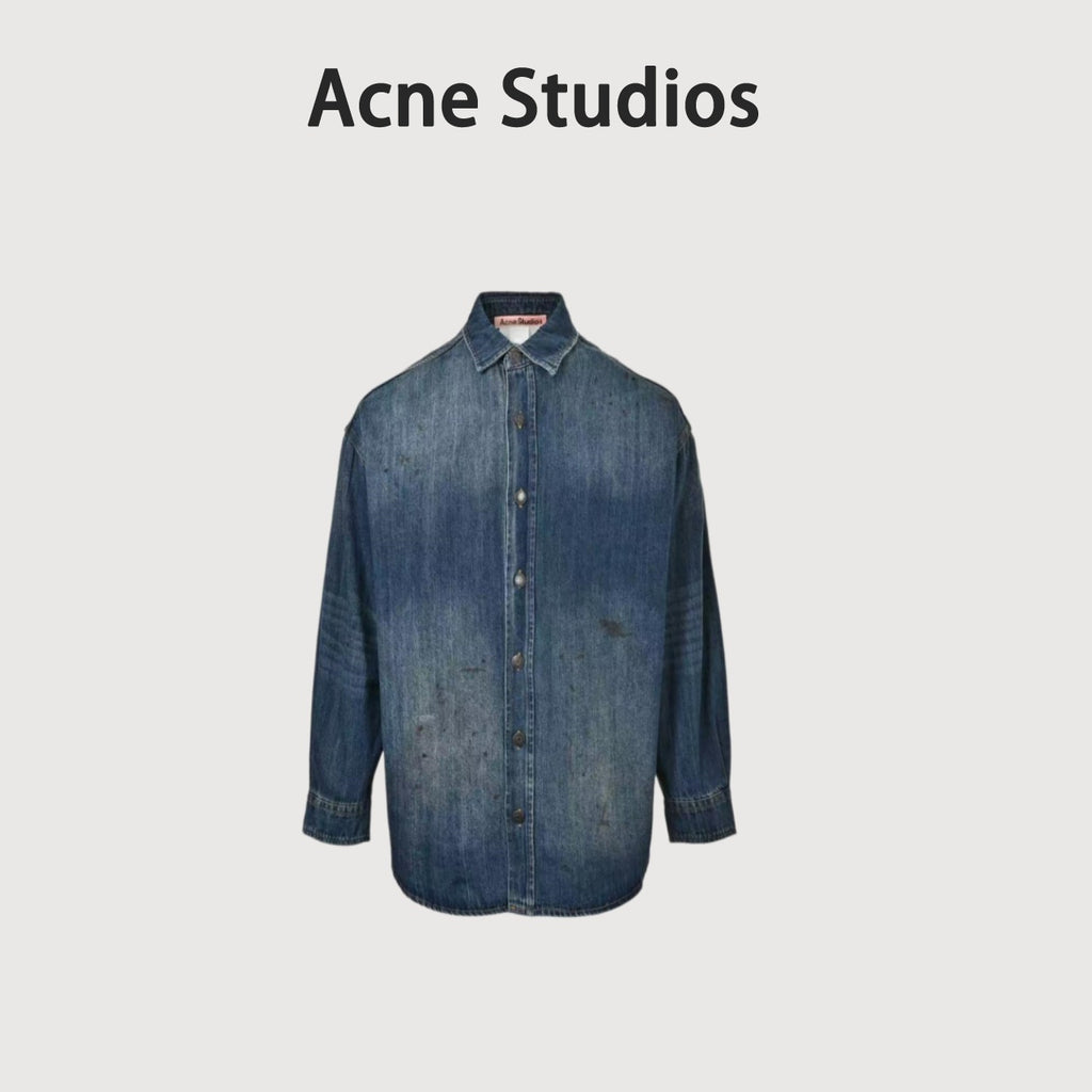 Acne Studios Ink-Splash Distressed Washed Denim Shirt — Indigo