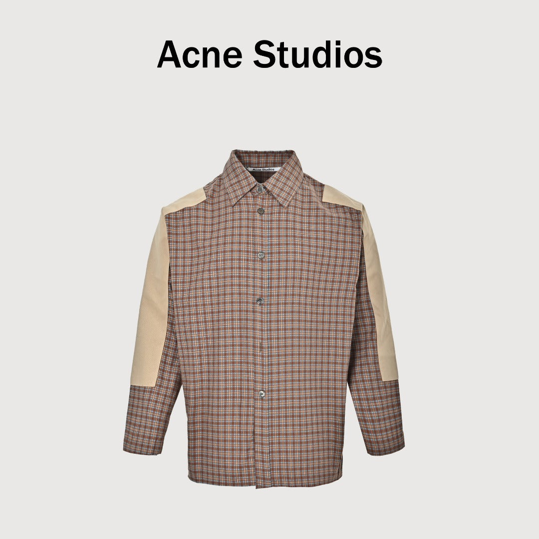 Acne Studios Panelled Check Long-Sleeve Shirt — Brown Check / Ecru
