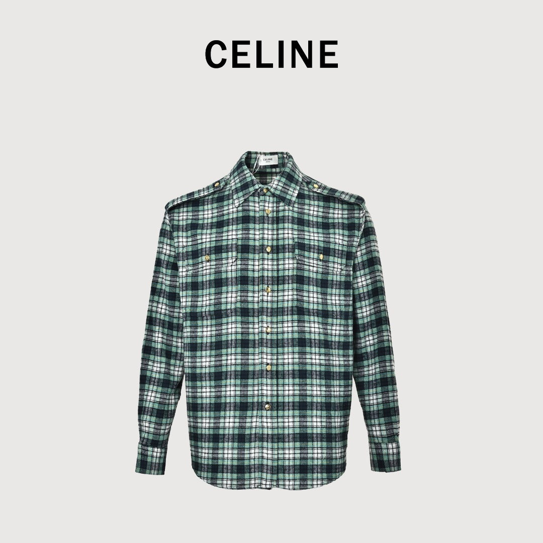 CELINE Green Plaid Flannel Long-Sleeve Shirt
