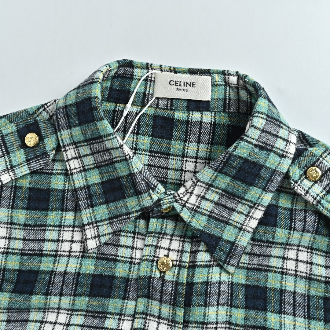 CELINE Green Plaid Flannel Long-Sleeve Shirt
