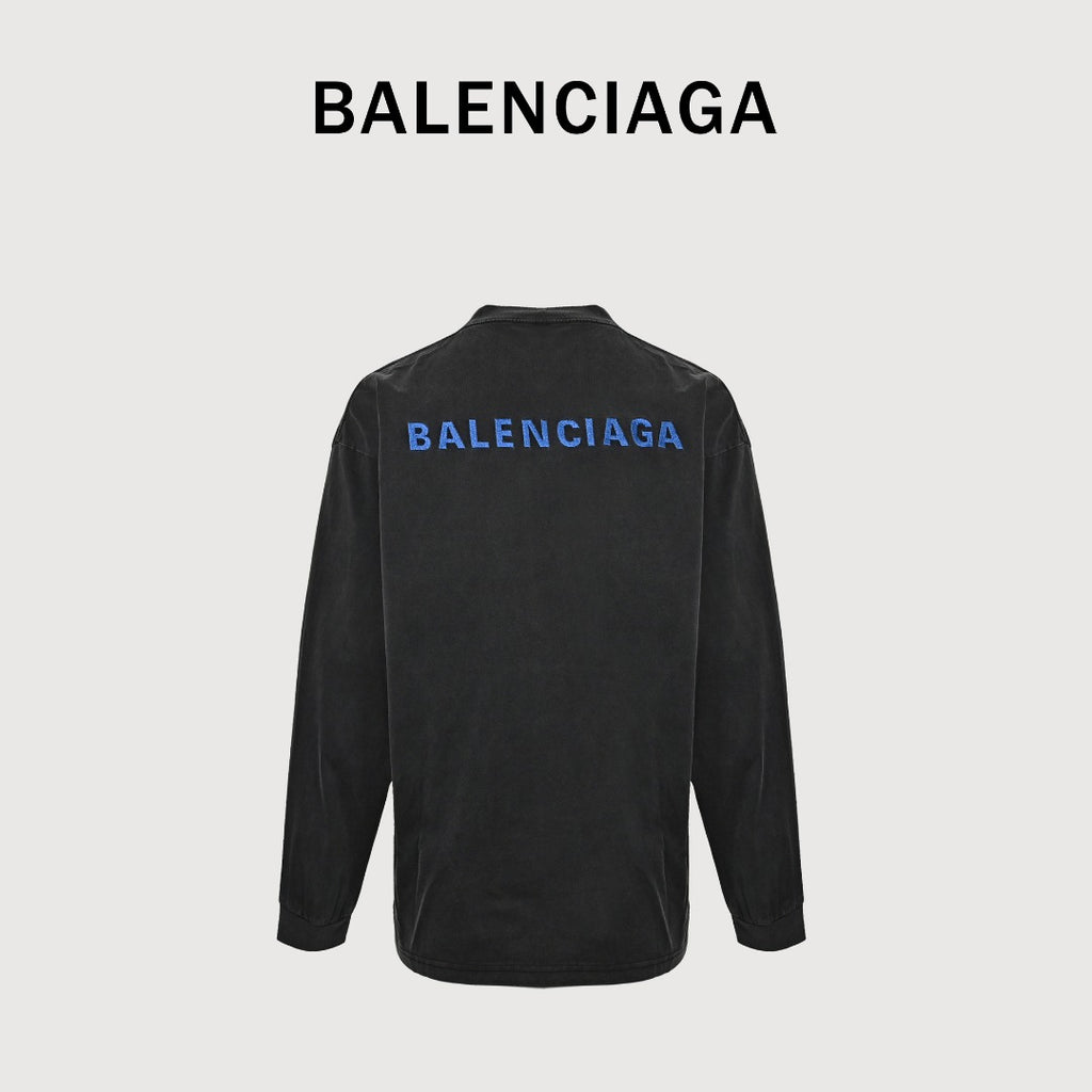 Balenciaga Blue Embroidered Logo Long-Sleeve T-Shirt