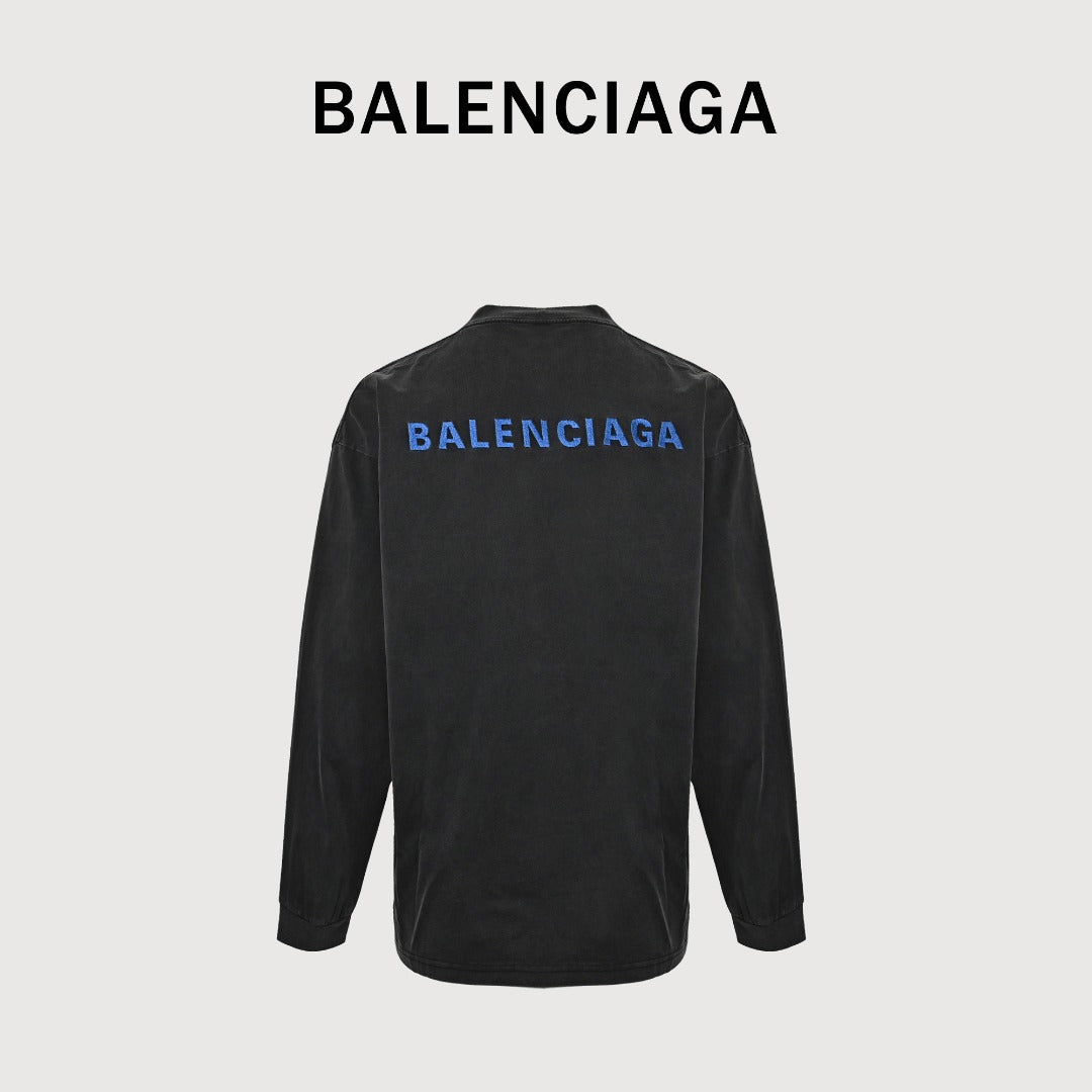Balenciaga Blue Embroidered Logo Long-Sleeve T-Shirt