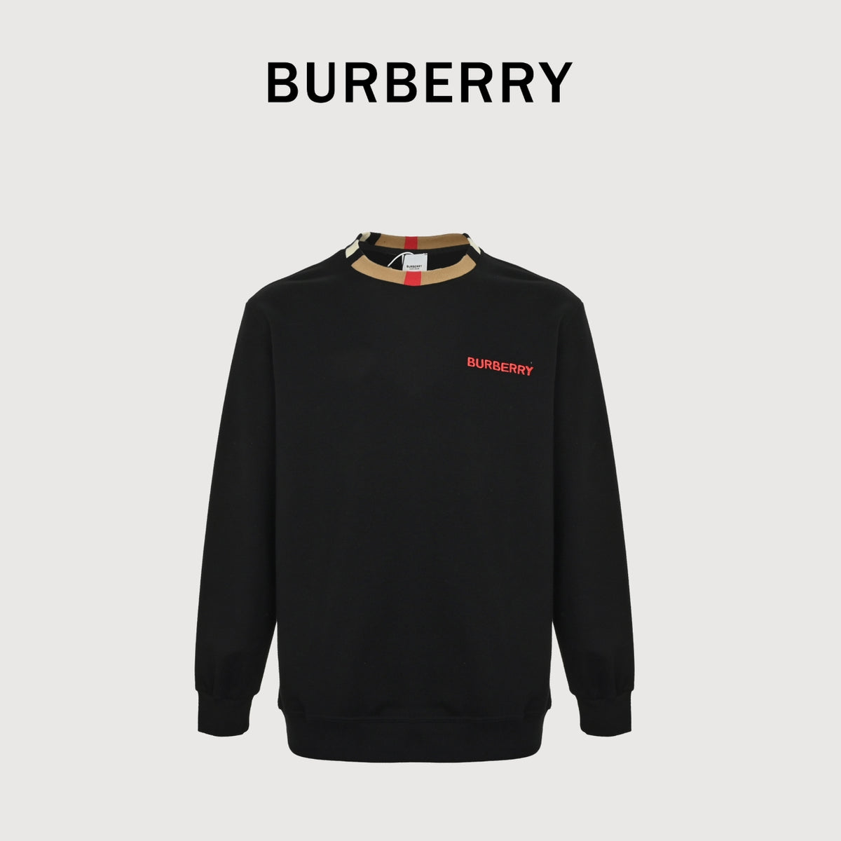 Burberry Check-Trim Cotton Crewneck Sweatshirt in Black