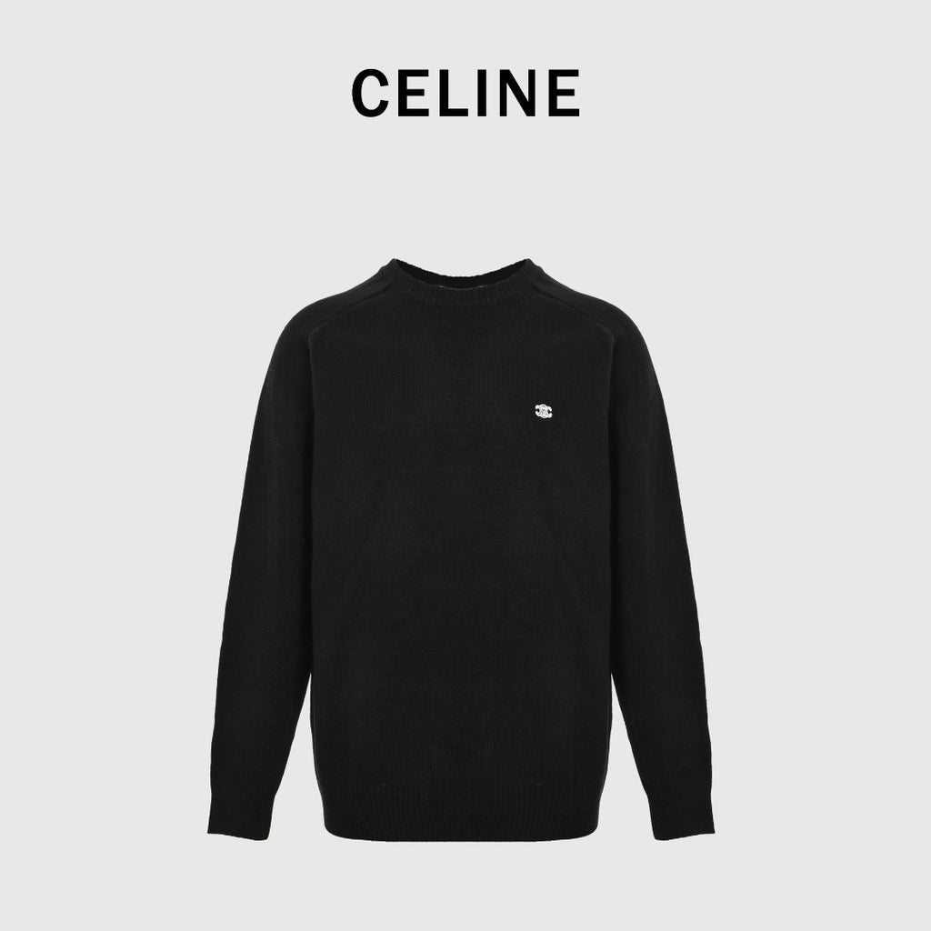 CELINE Triomphe and Terry-Embroidered Back Crewneck Sweater in Black