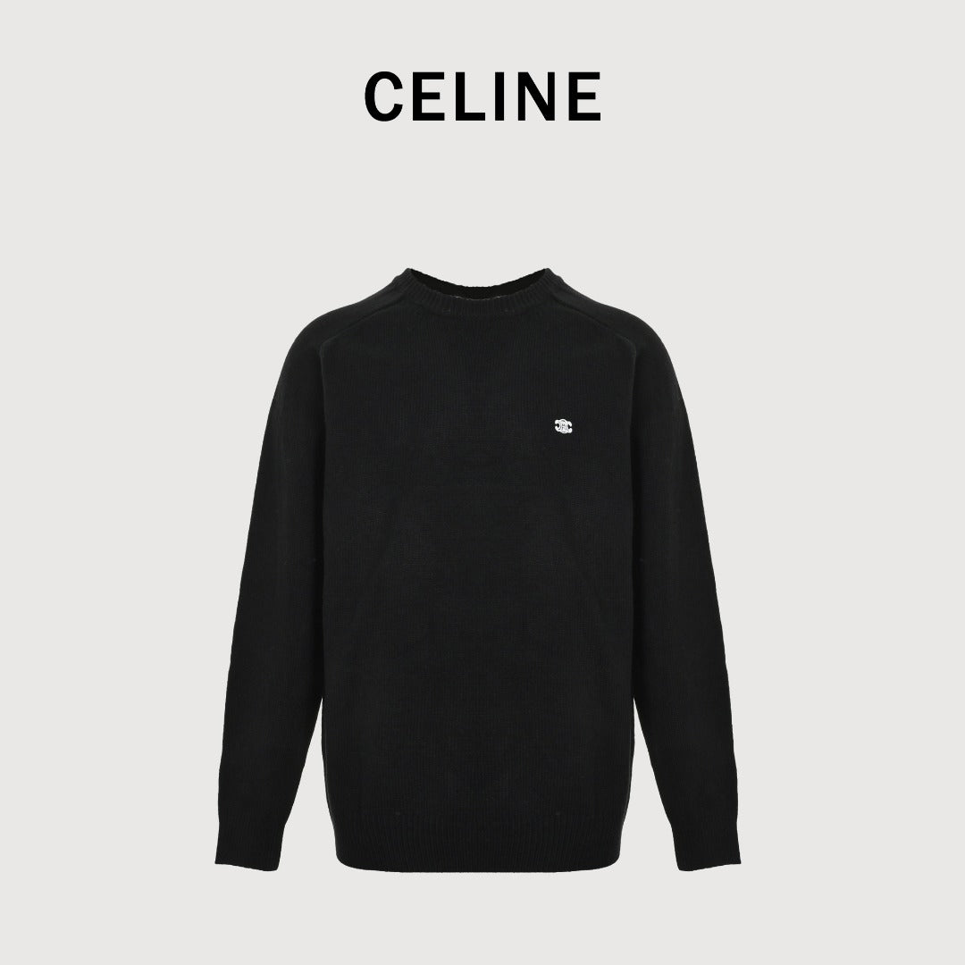 CELINE Triomphe and Terry-Embroidered Back Crewneck Sweater in Black