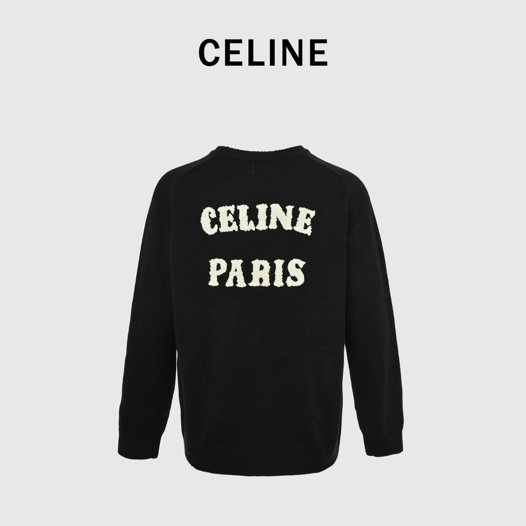 CELINE Triomphe and Terry-Embroidered Back Crewneck Sweater in Black