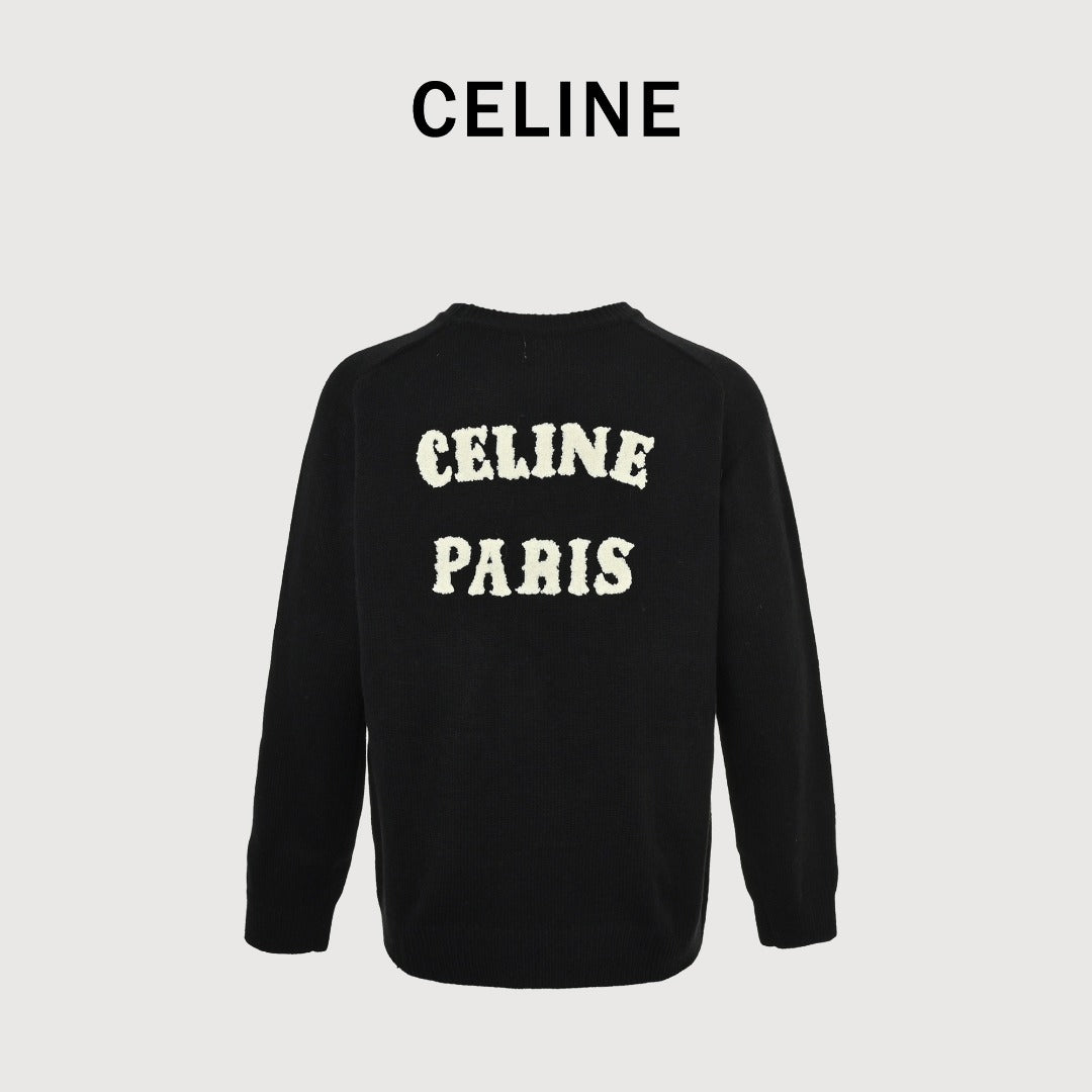 CELINE Triomphe and Terry-Embroidered Back Crewneck Sweater in Black