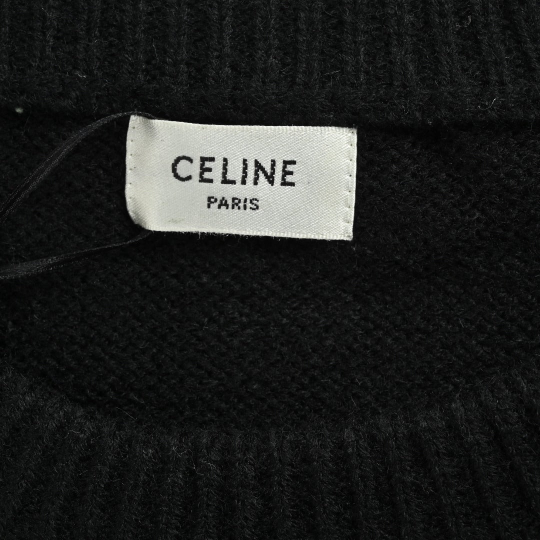 CELINE Triomphe and Terry-Embroidered Back Crewneck Sweater in Black