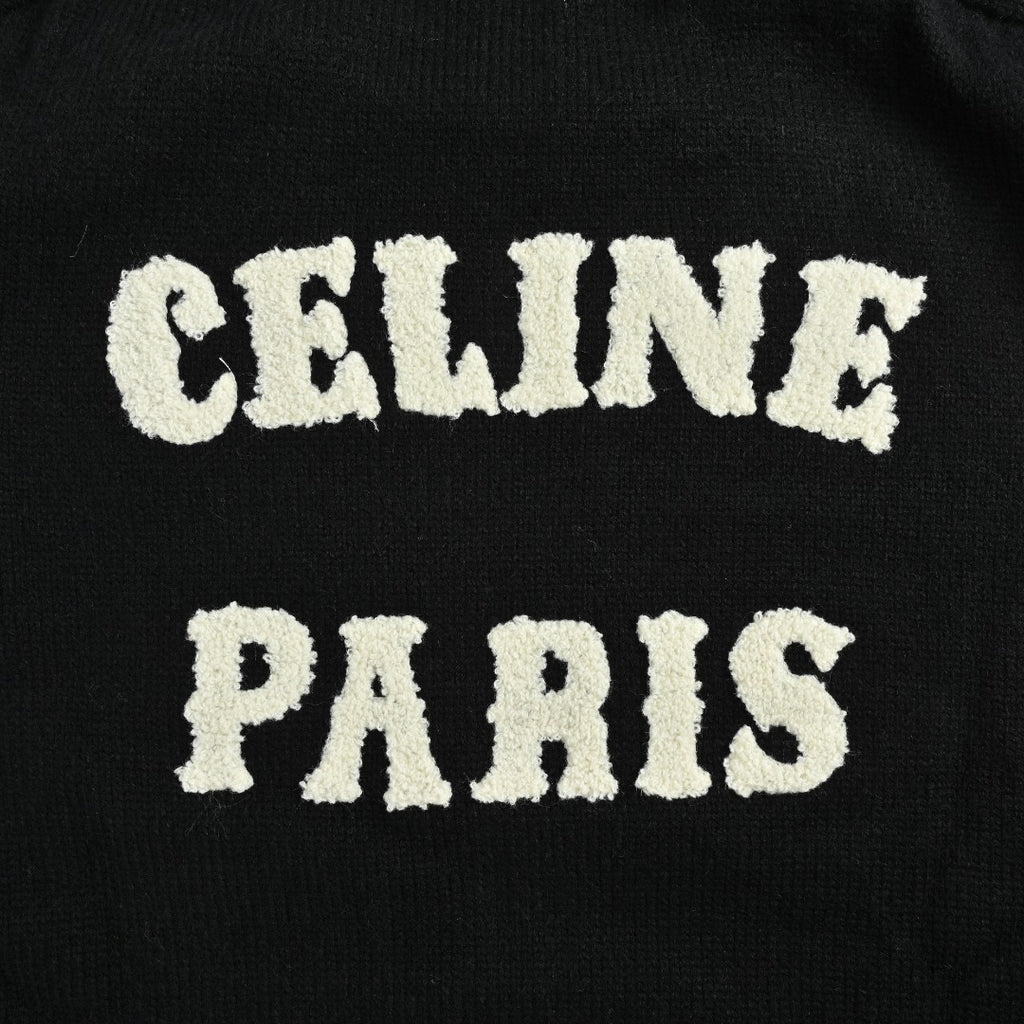 CELINE Triomphe and Terry-Embroidered Back Crewneck Sweater in Black