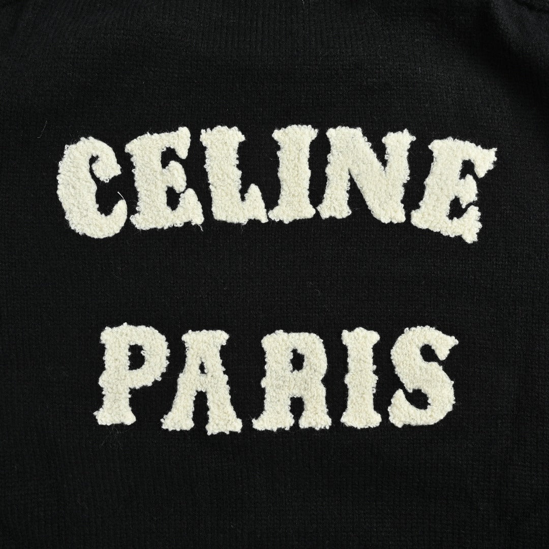 CELINE Triomphe and Terry-Embroidered Back Crewneck Sweater in Black