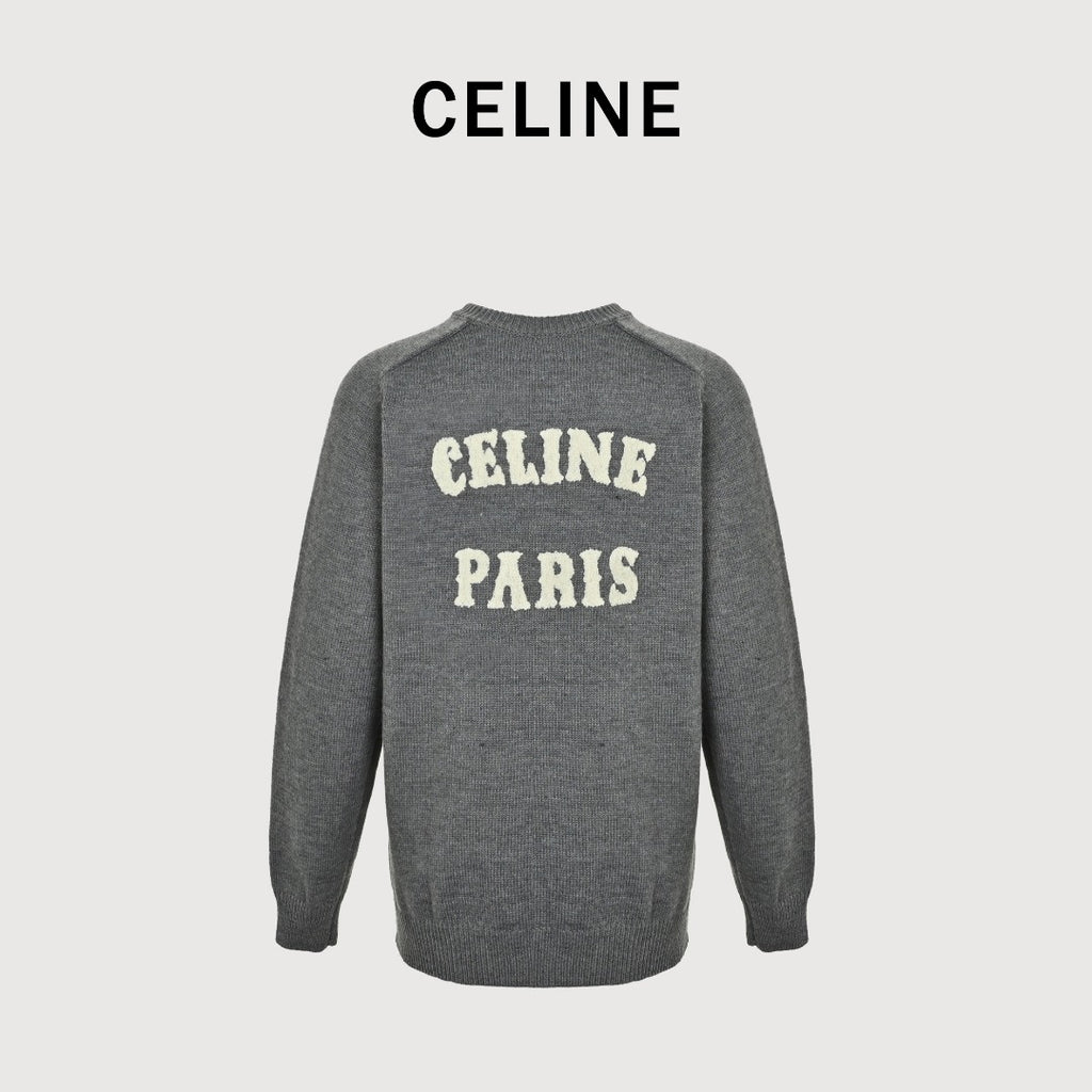 CELINE Triomphe and Terry-Embroidered Back Crewneck Sweater in Grey