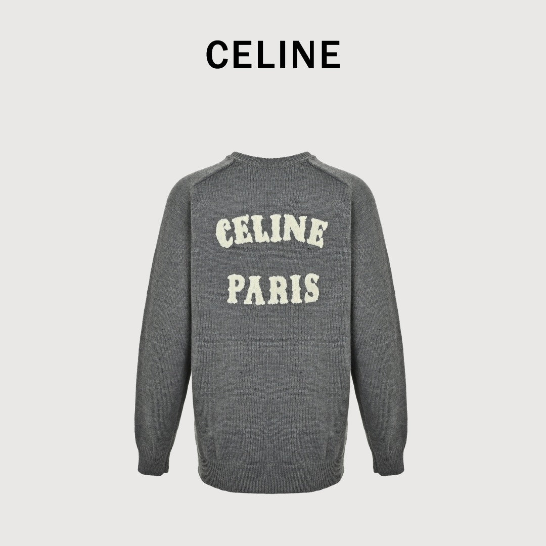 CELINE Triomphe and Terry-Embroidered Back Crewneck Sweater in Grey