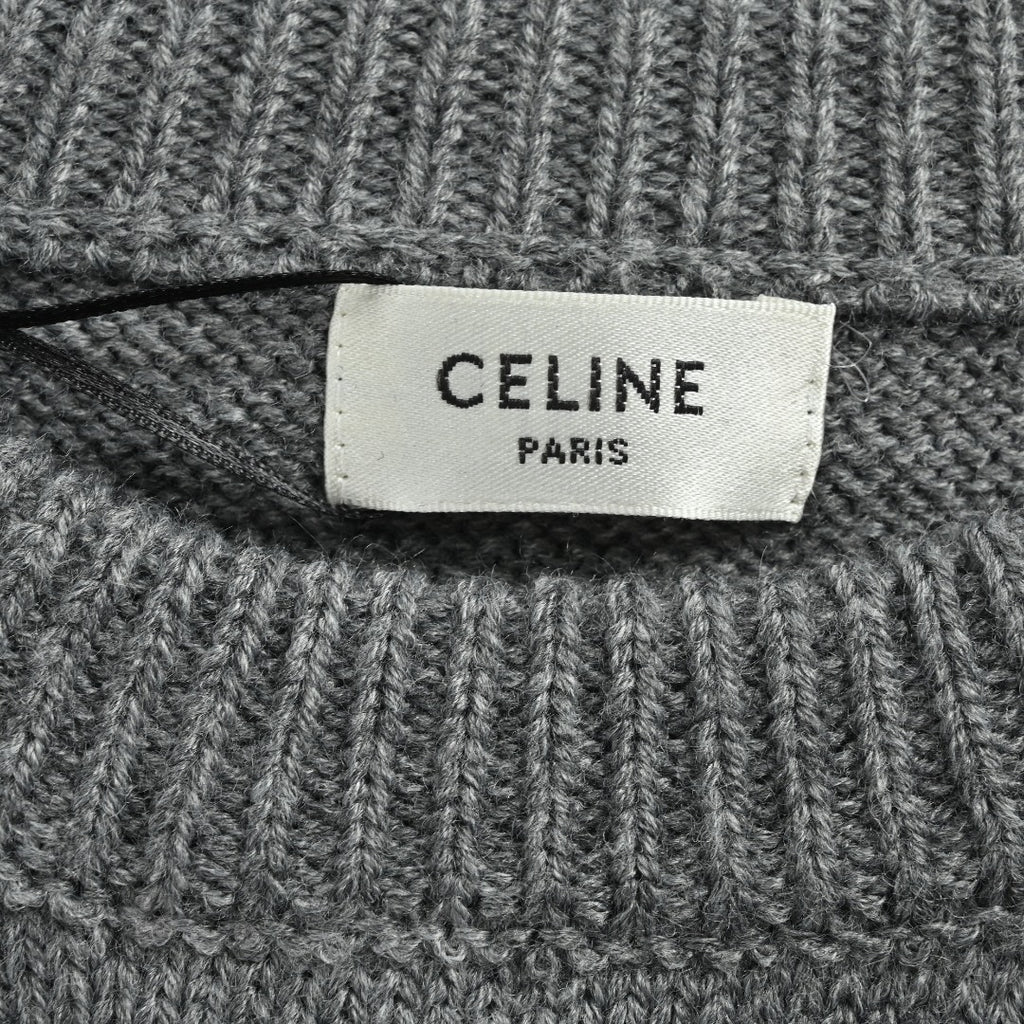 CELINE Triomphe and Terry-Embroidered Back Crewneck Sweater in Grey