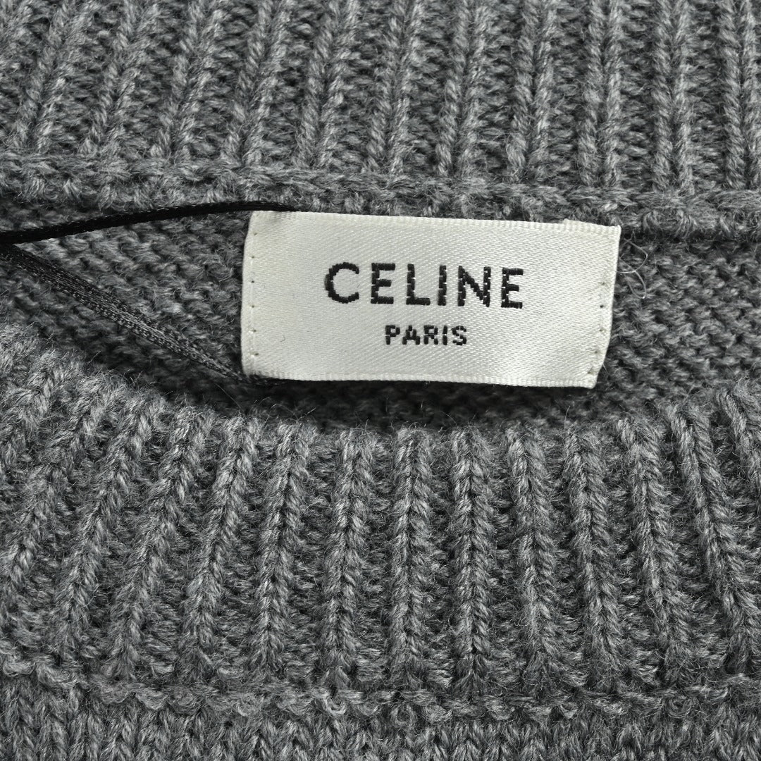 CELINE Triomphe and Terry-Embroidered Back Crewneck Sweater in Grey