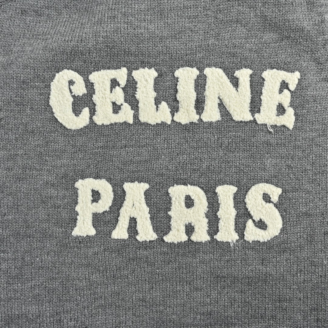 CELINE Triomphe and Terry-Embroidered Back Crewneck Sweater in Grey