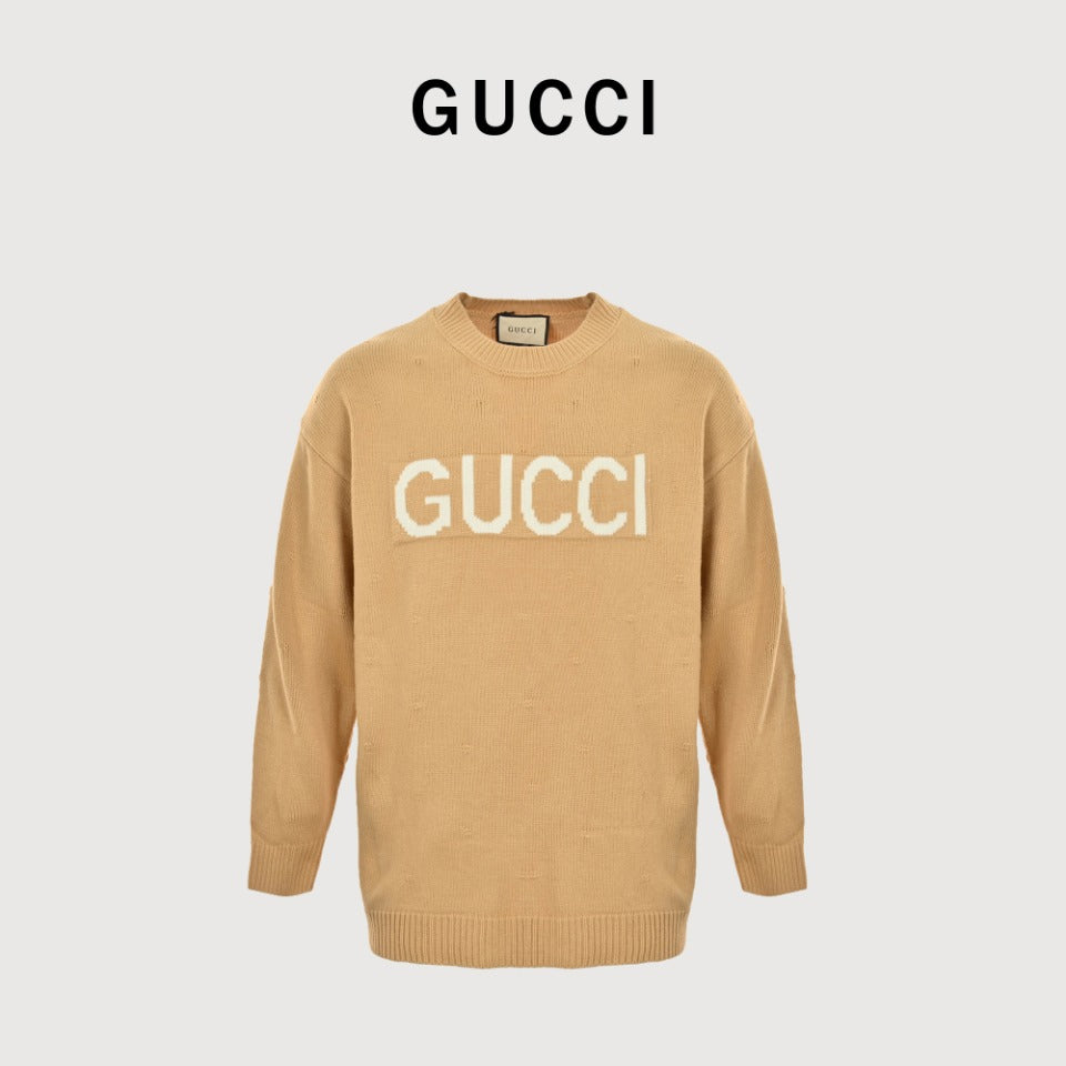 Gucci 24FW Logo Jacquard Crewneck Sweater in Camel