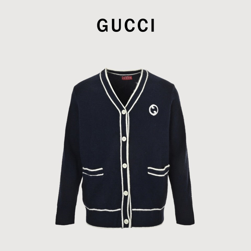 Gucci 24FW Interlocking G Contrast-Trim Cardigan in Navy