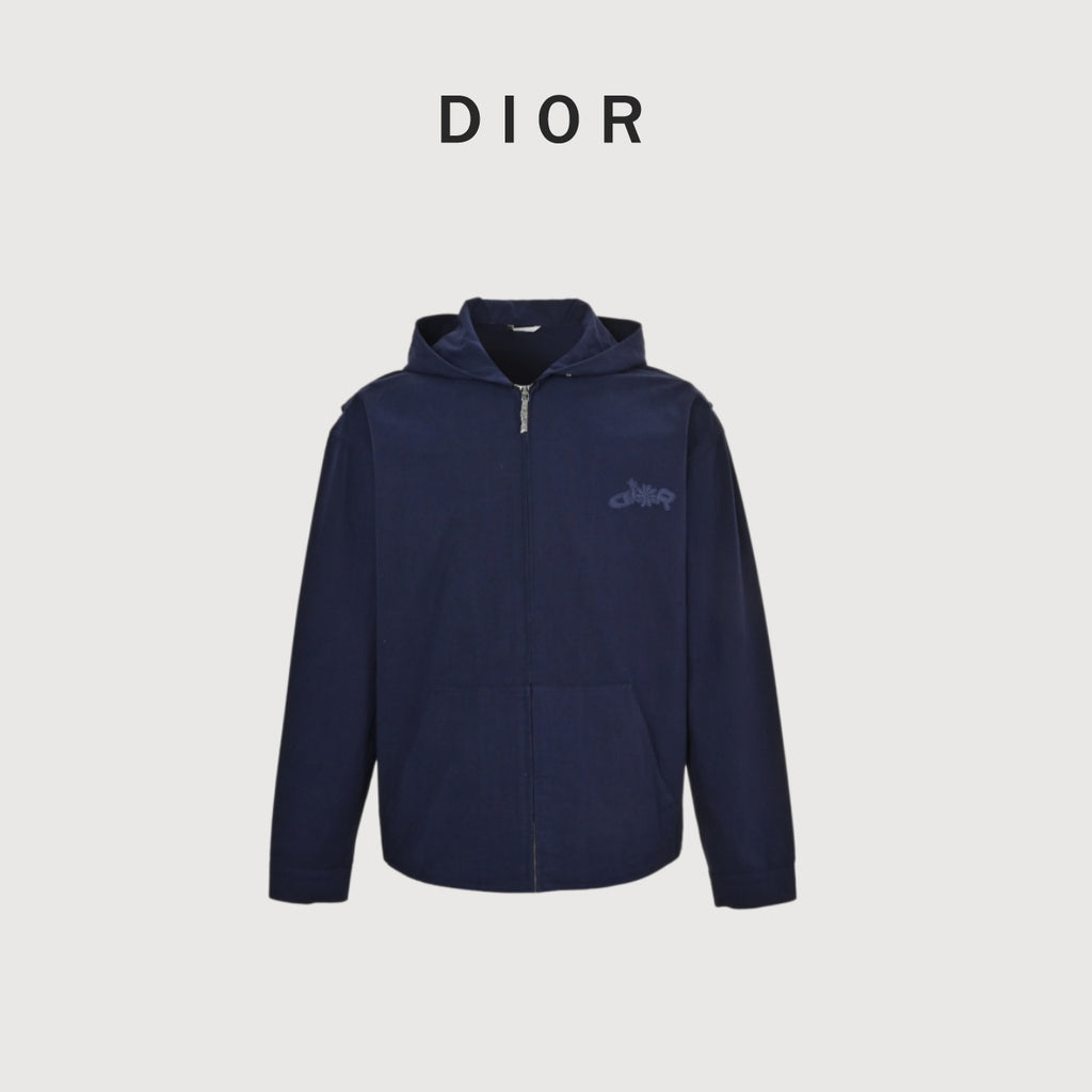 Dior 25FW Embroidered-Emblem Hooded Zip Jacket in Navy